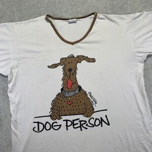 Vintage Dog Person T-Shirt OS Emerson Street V-Neck Graphic White Distressed 90s